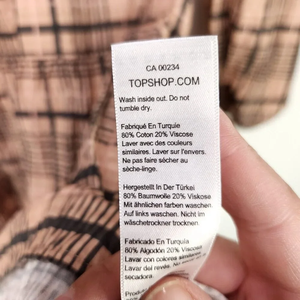 Topshop Babydoll Mini Dress Balloon Long Sleeve Size 4 Boho Gingham Brown - Picture 12 of 15